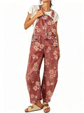 Floral Print Barrel Leg Denim Overalls with Pockets - Red