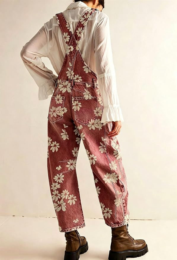 Floral Print Barrel Leg Denim Overalls with Pockets - Red - 1