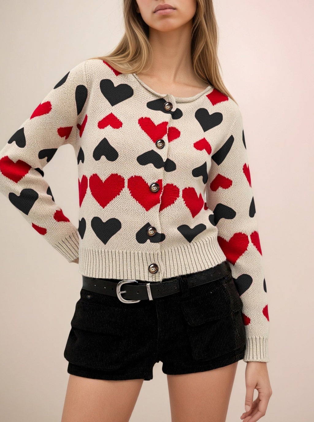 Allover Heart Cropped Button Cardigan - Apricot