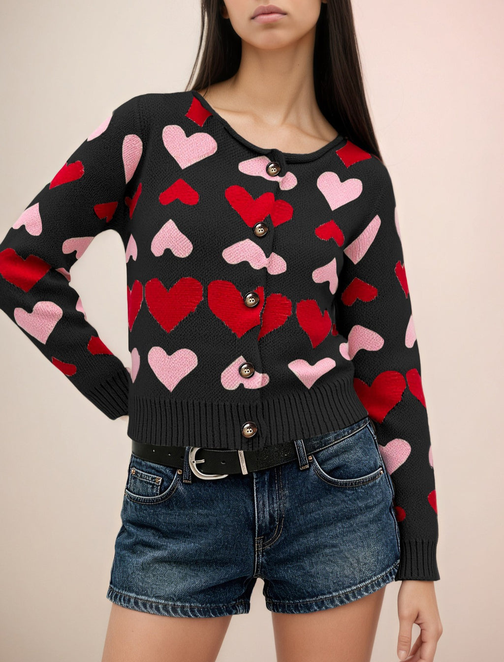 Allover Heart Cropped Button Cardigan - Black