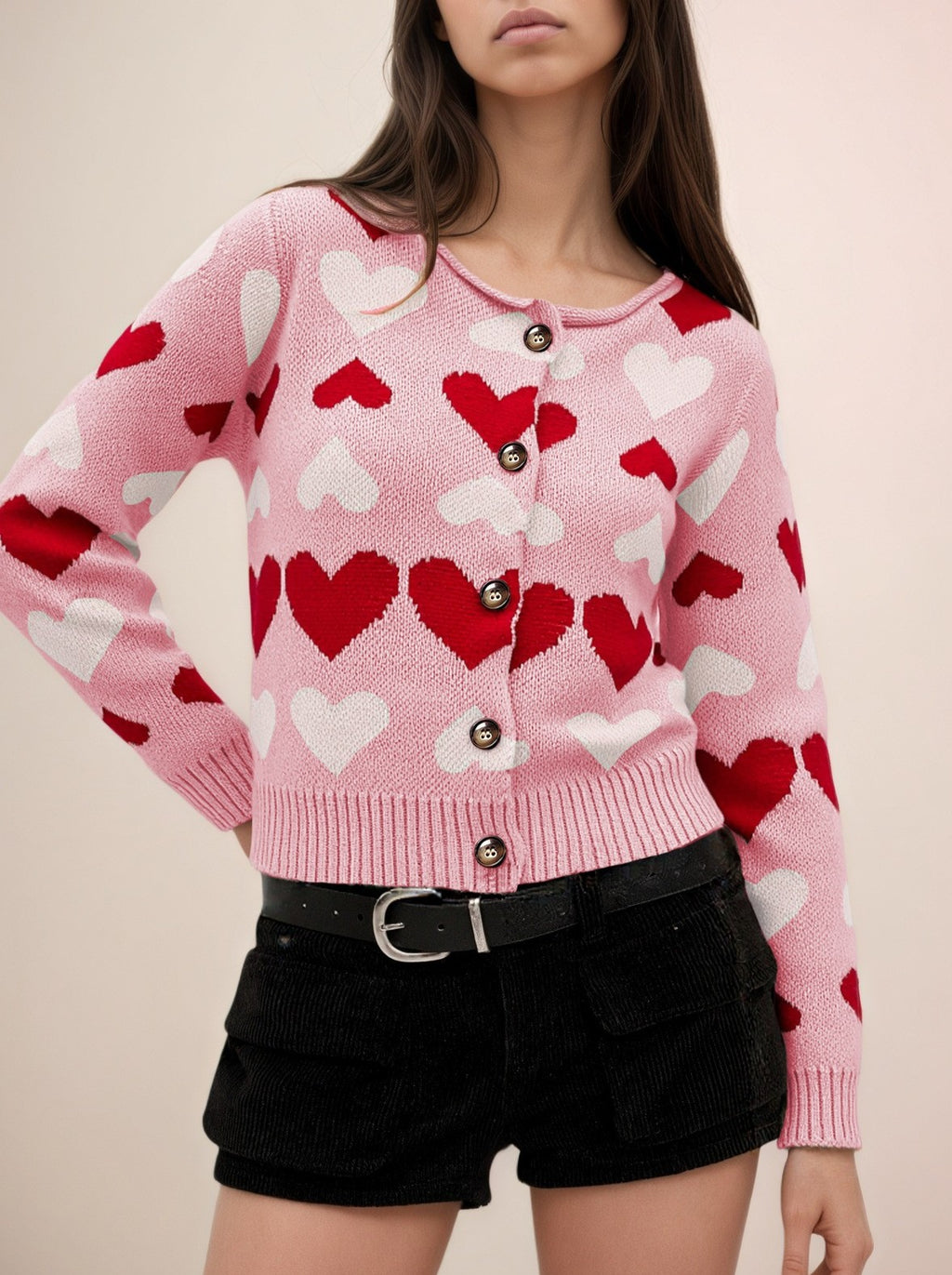 Allover Heart Cropped Button Cardigan - Pink