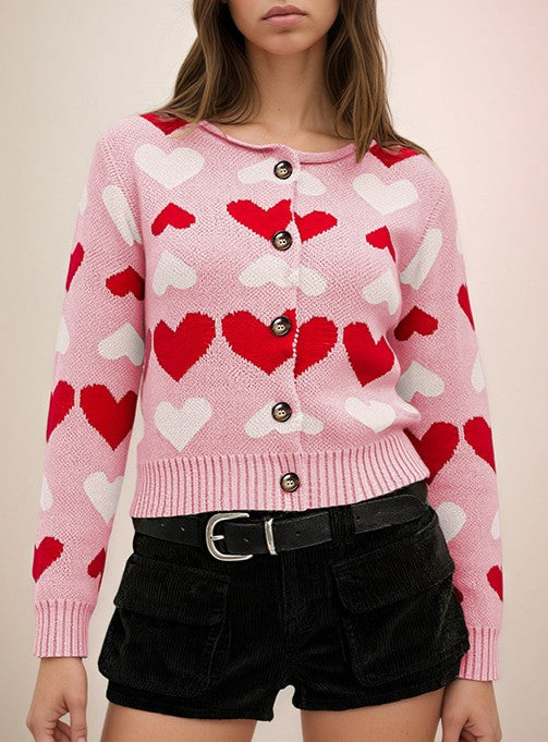Allover Heart Cropped Button Cardigan - Pink - 1