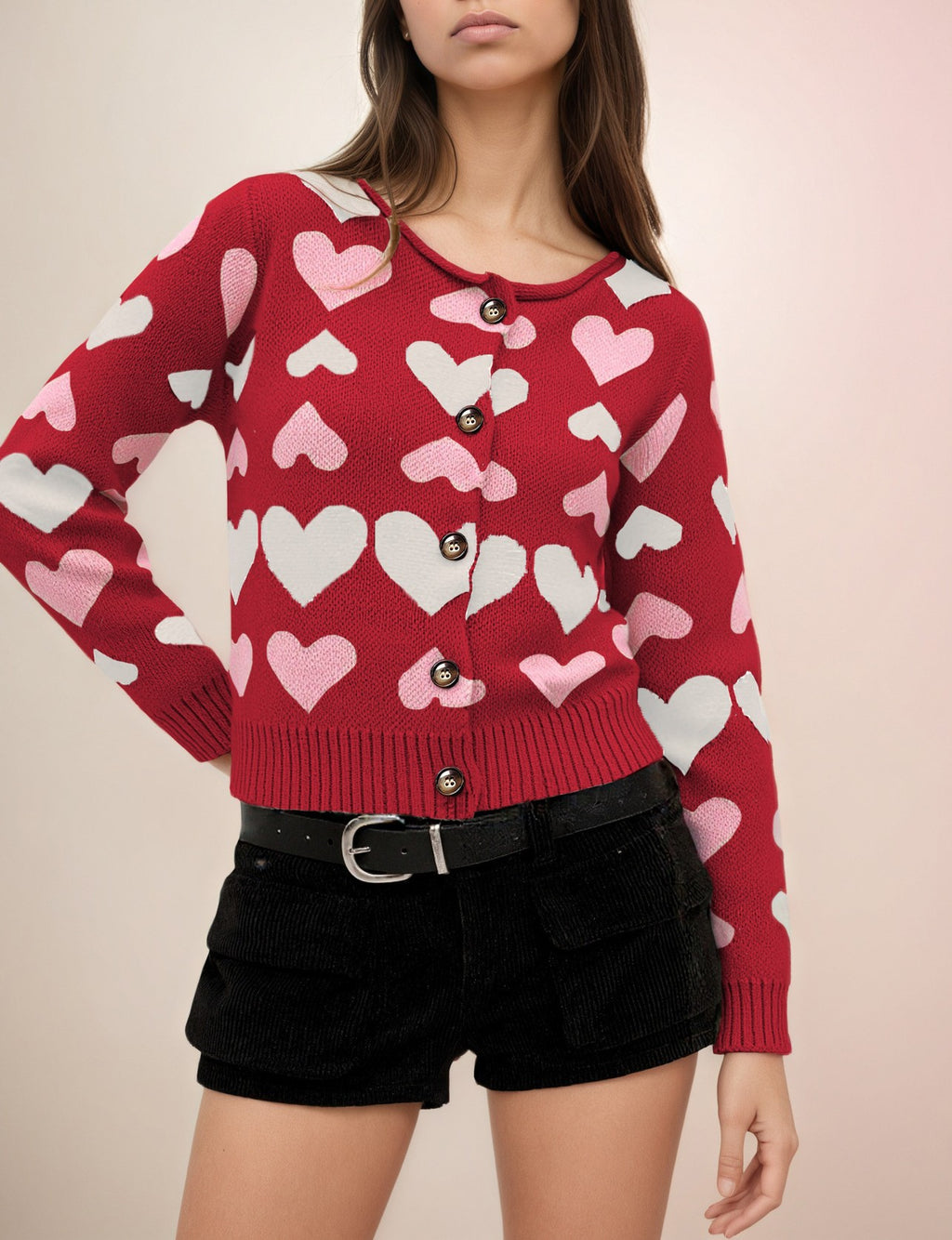 Allover Heart Cropped Button Cardigan - Red