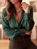 Satin Animal Print Long Sleeve Blouse - Green