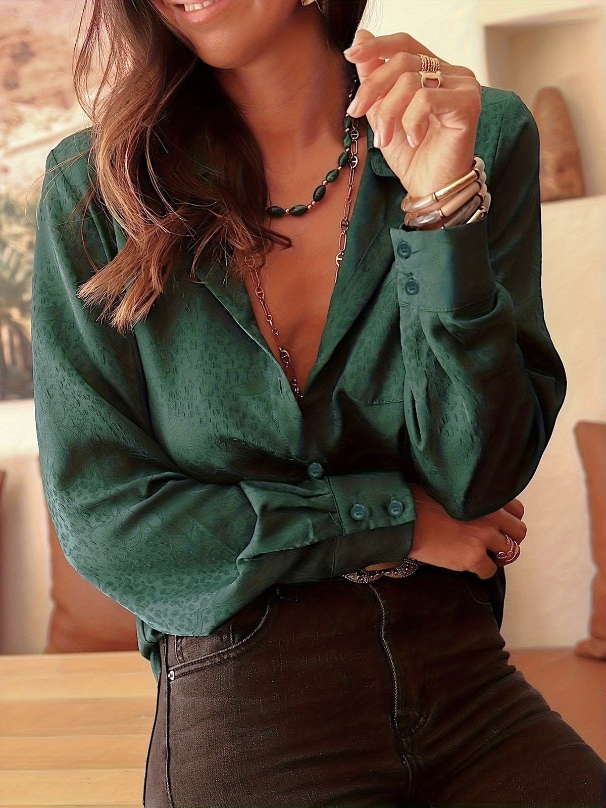 Satin Animal Print Long Sleeve Blouse - Green