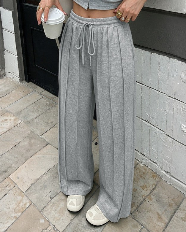 High Waist Wide Leg Drawstring Sweatpants - Grey - 3