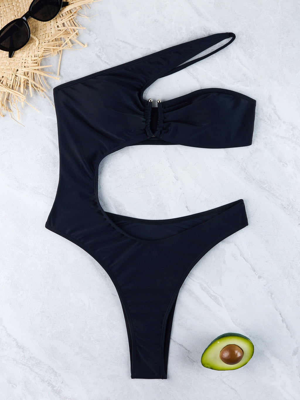 One Shoulder Ring Cutout One Piece Swimsuit - Black