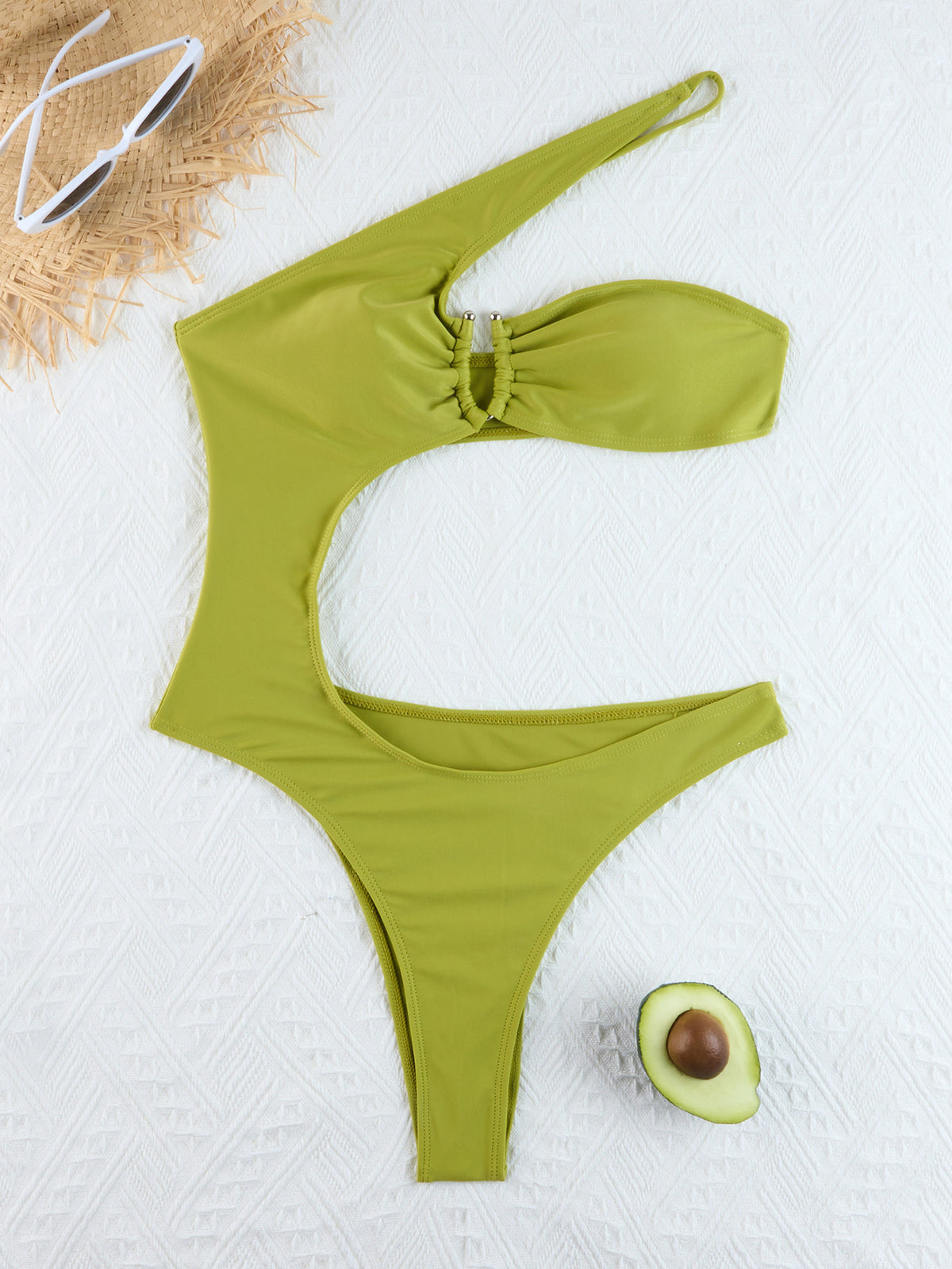 One Shoulder Ring Cutout One Piece Swimsuit - Matcha