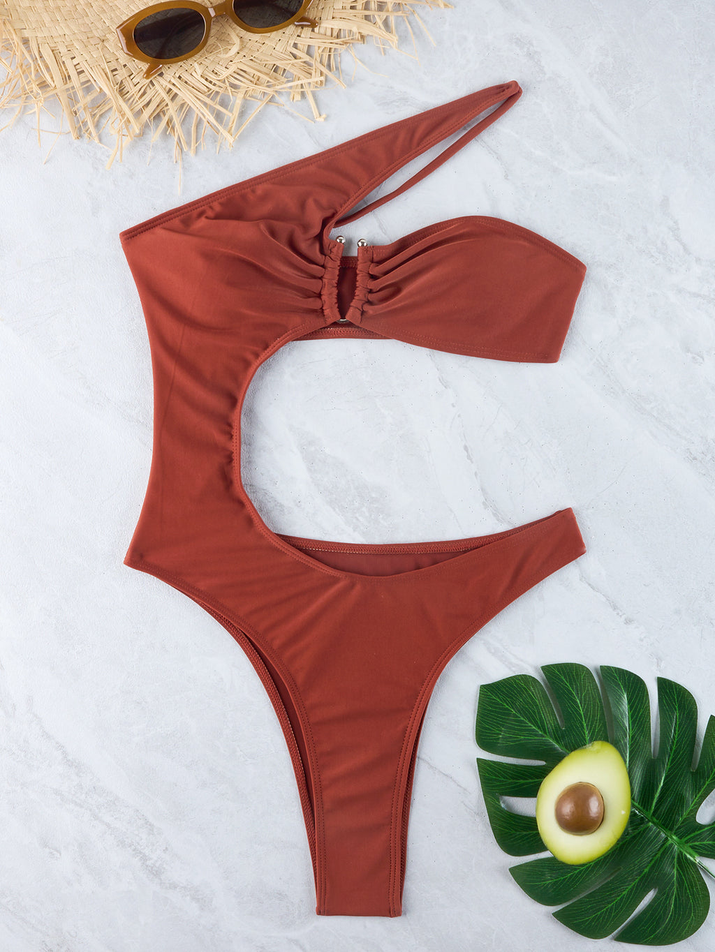 One Shoulder Ring Cutout One Piece Swimsuit - Mocha
