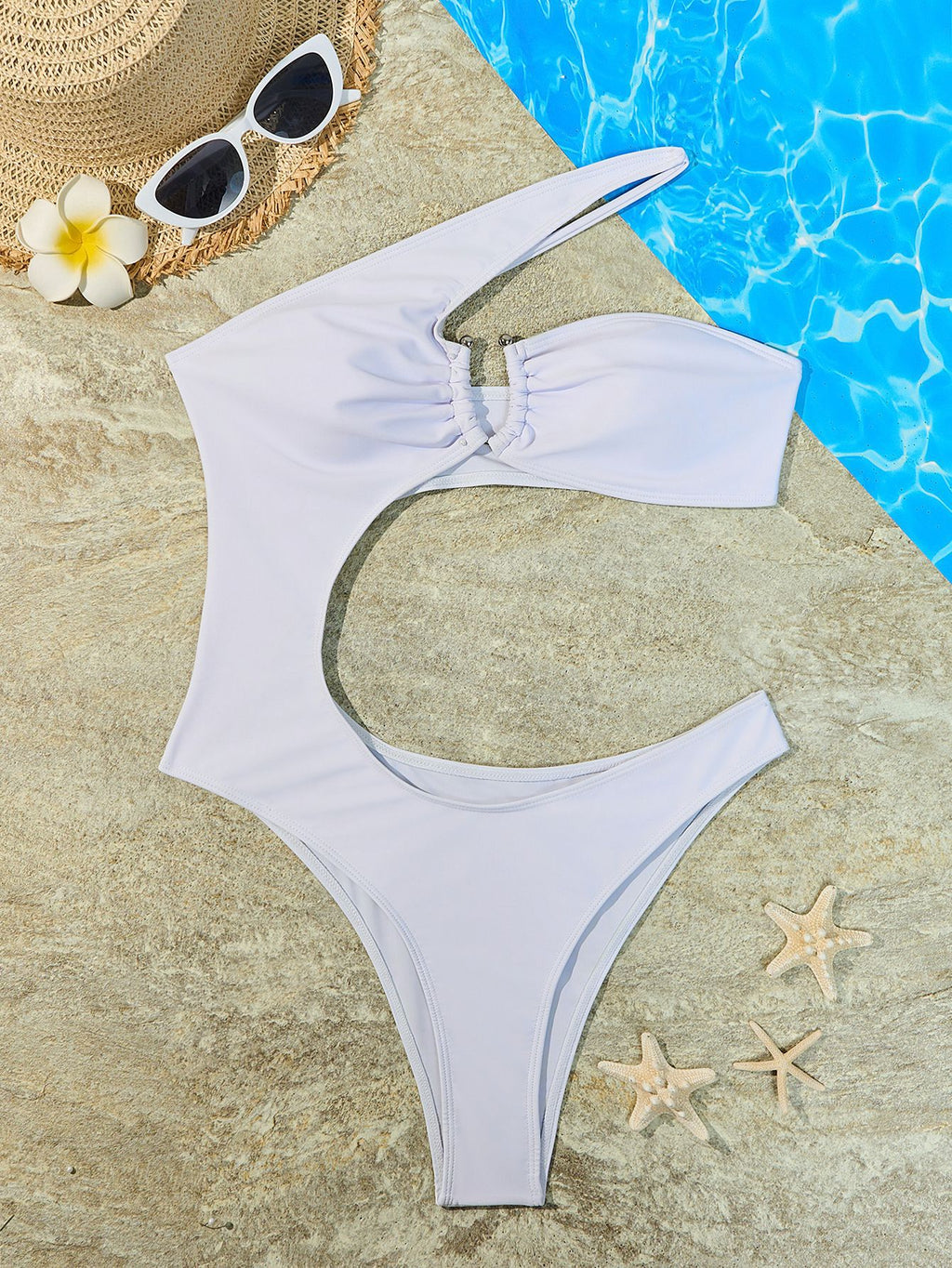 One Shoulder Ring Cutout One Piece Swimsuit - White