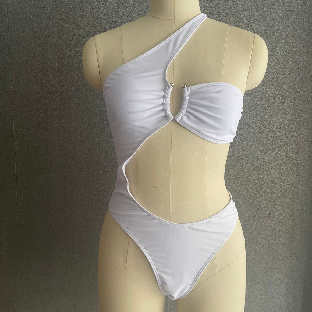 One Shoulder Ring Cutout One Piece Swimsuit - White - 1