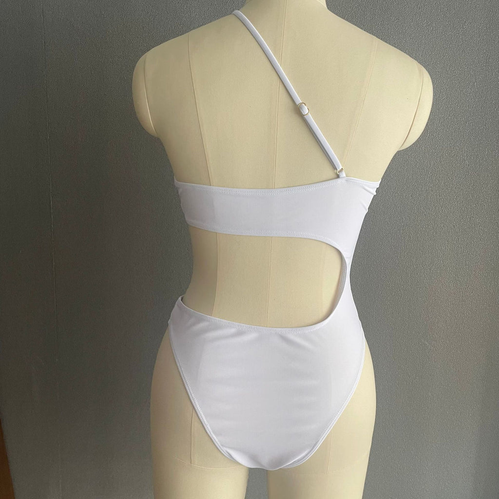 One Shoulder Ring Cutout One Piece Swimsuit - White - 2