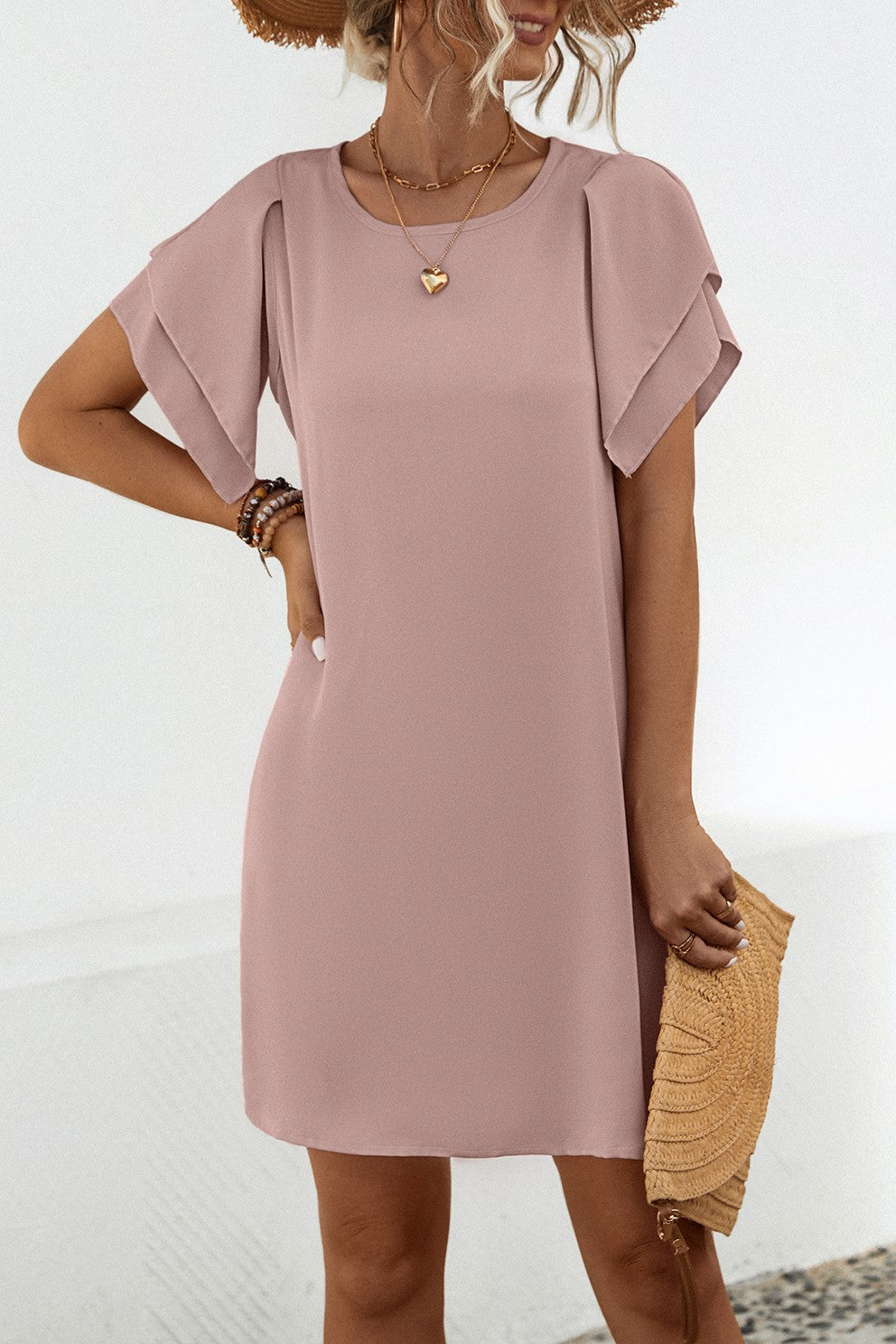 Layered Petal Sleeve Shift Dress - Beige