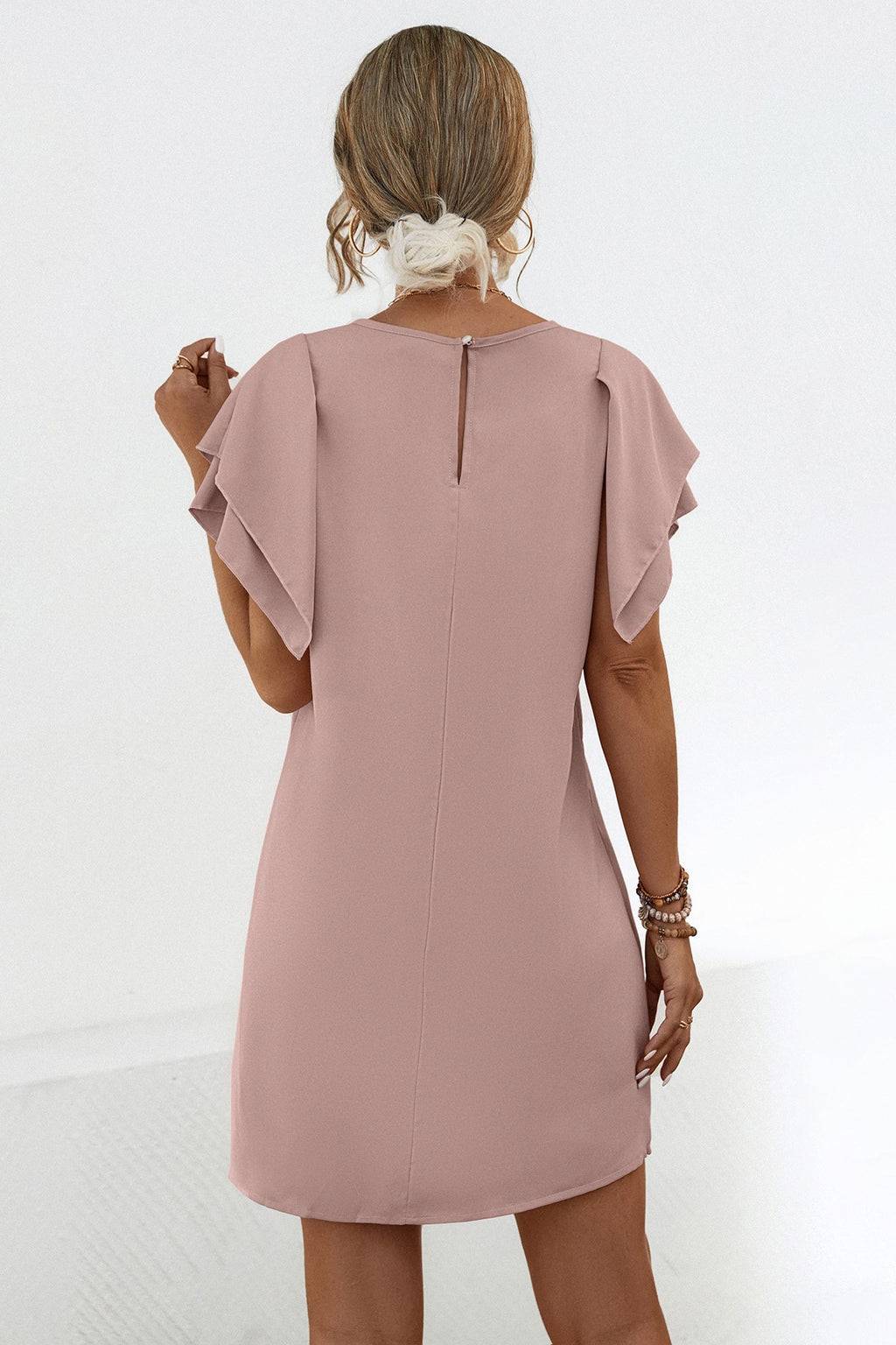 Layered Petal Sleeve Shift Dress - Beige - 2