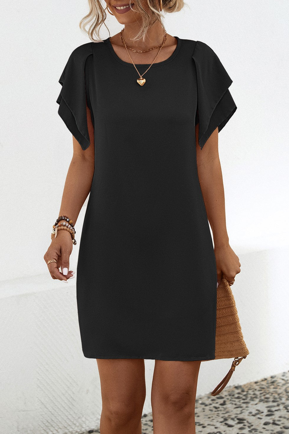 Layered Petal Sleeve Shift Dress - Black