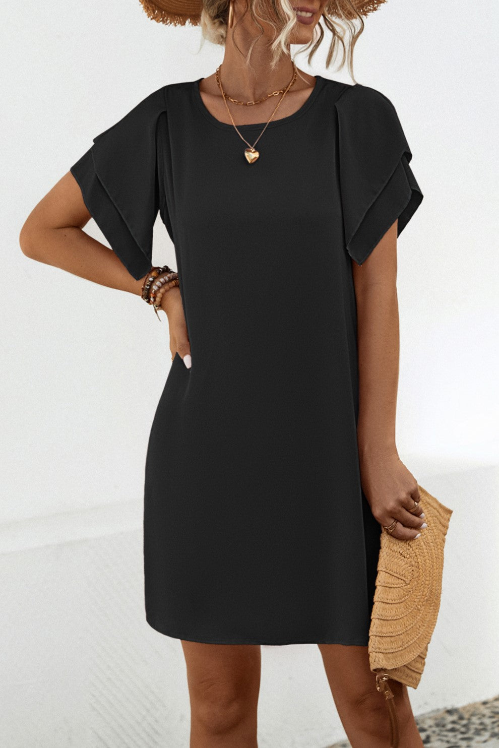 Layered Petal Sleeve Shift Dress - Black - 1