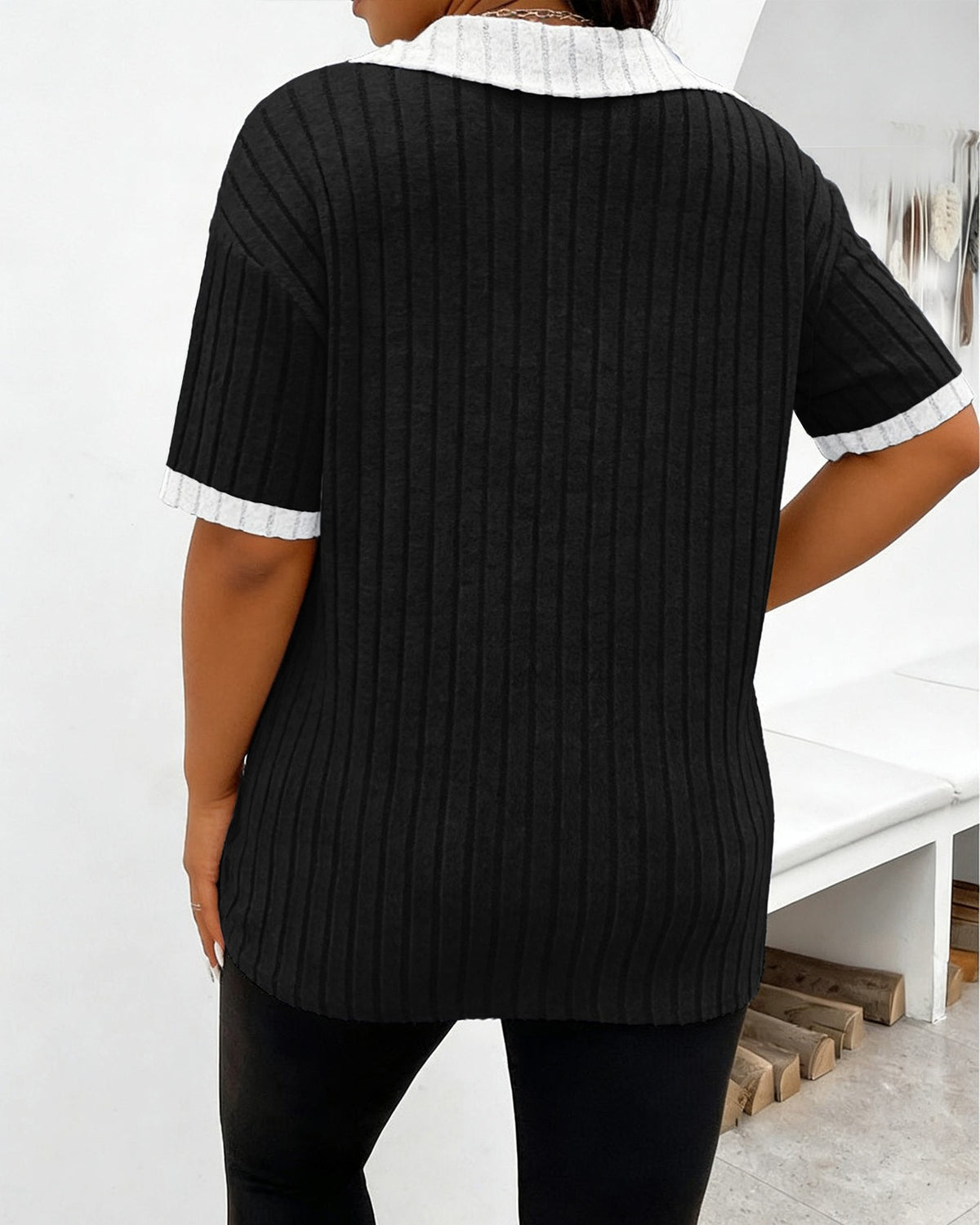 Ribbed Contrast Collar Short Sleeve T-Shirt - Black - 1