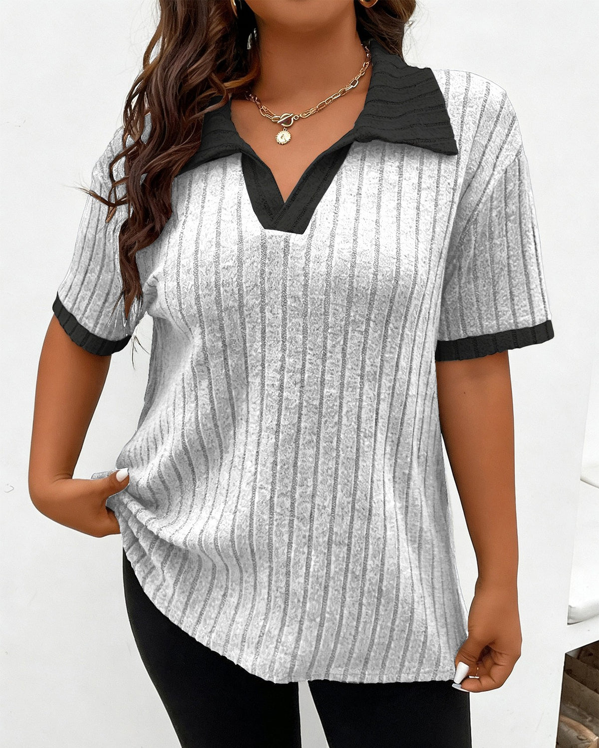 Ribbed Contrast Collar Short Sleeve T-Shirt - Grey
