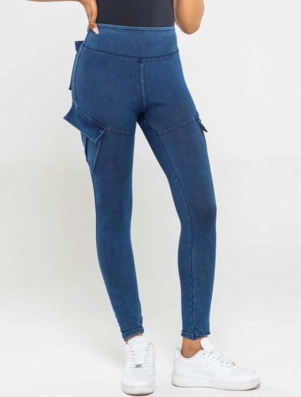 High Waist Cargo Pocket Skinny Pants - Blue