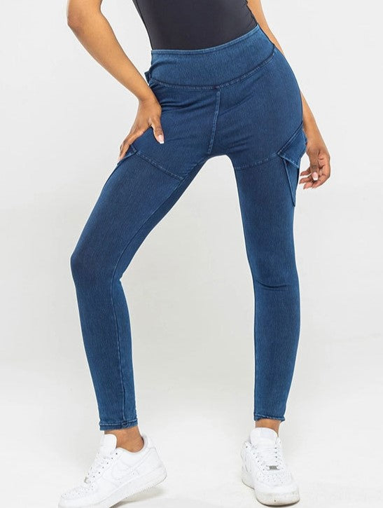 High Waist Cargo Pocket Skinny Pants - Blue - 1