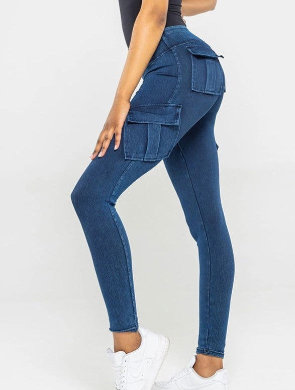 High Waist Cargo Pocket Skinny Pants - Blue - 2