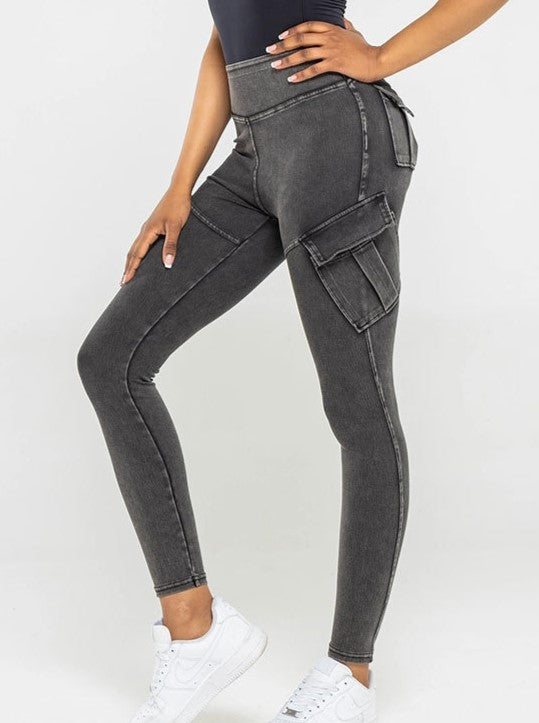 High Waist Cargo Pocket Skinny Pants - DarkGrey
