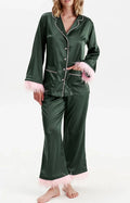 Satin Long Sleeve Pajama Set With Feather Cuffs - DkGreen