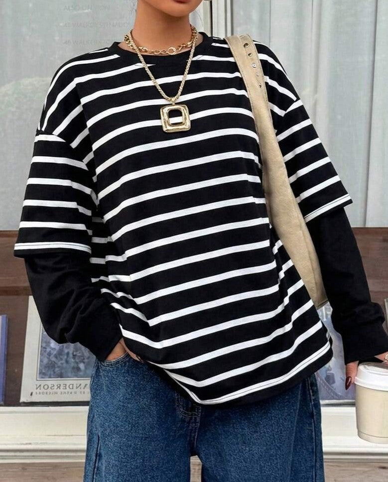 Drop Shoulder Striped Contrast Sweatshirt - Black