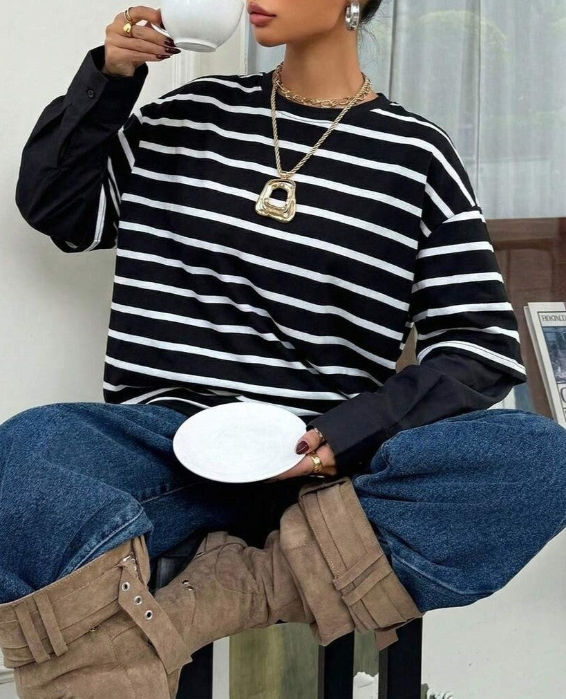 Drop Shoulder Striped Contrast Sweatshirt - Black - 1