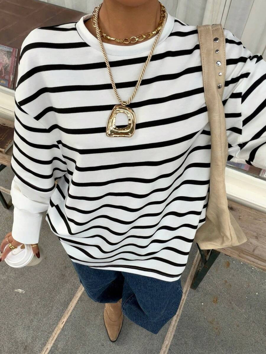 Drop Shoulder Striped Contrast Sweatshirt - White
