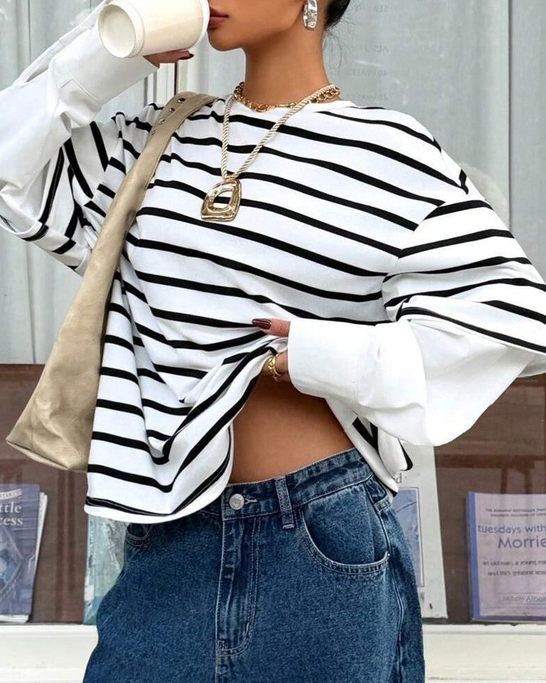 Drop Shoulder Striped Contrast Sweatshirt - White - 1