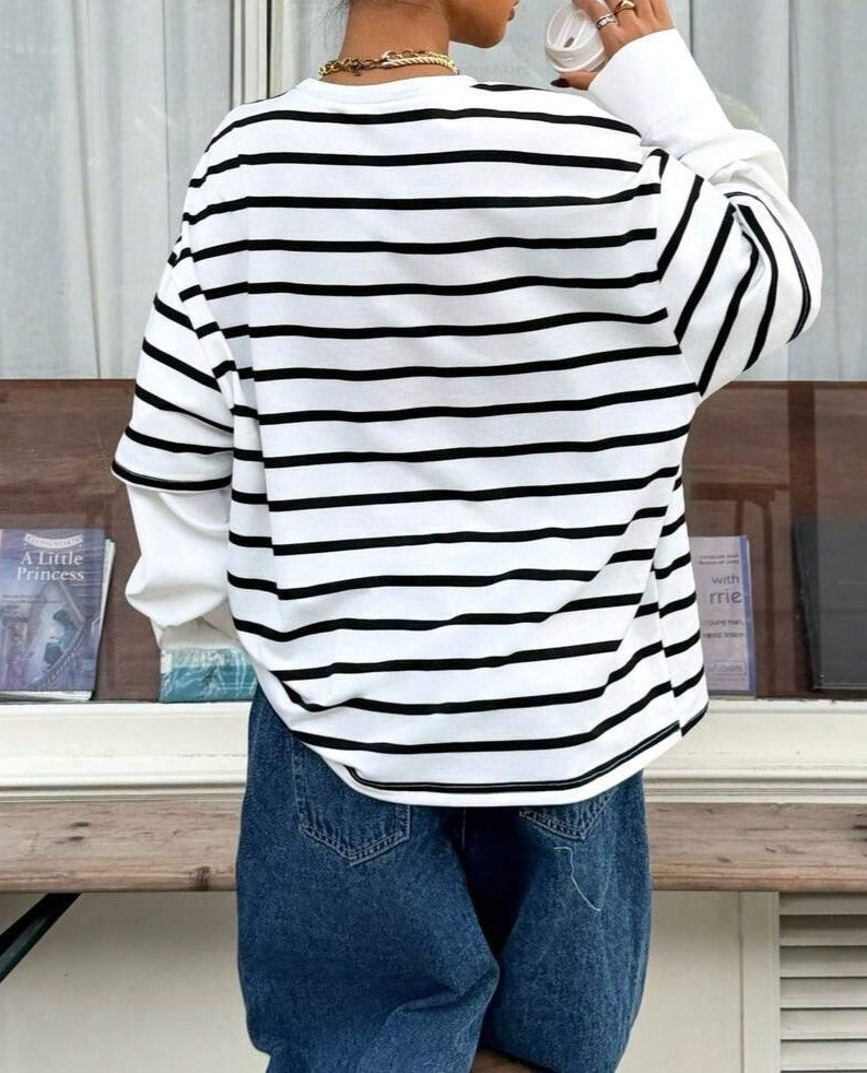 Drop Shoulder Striped Contrast Sweatshirt - White - 2