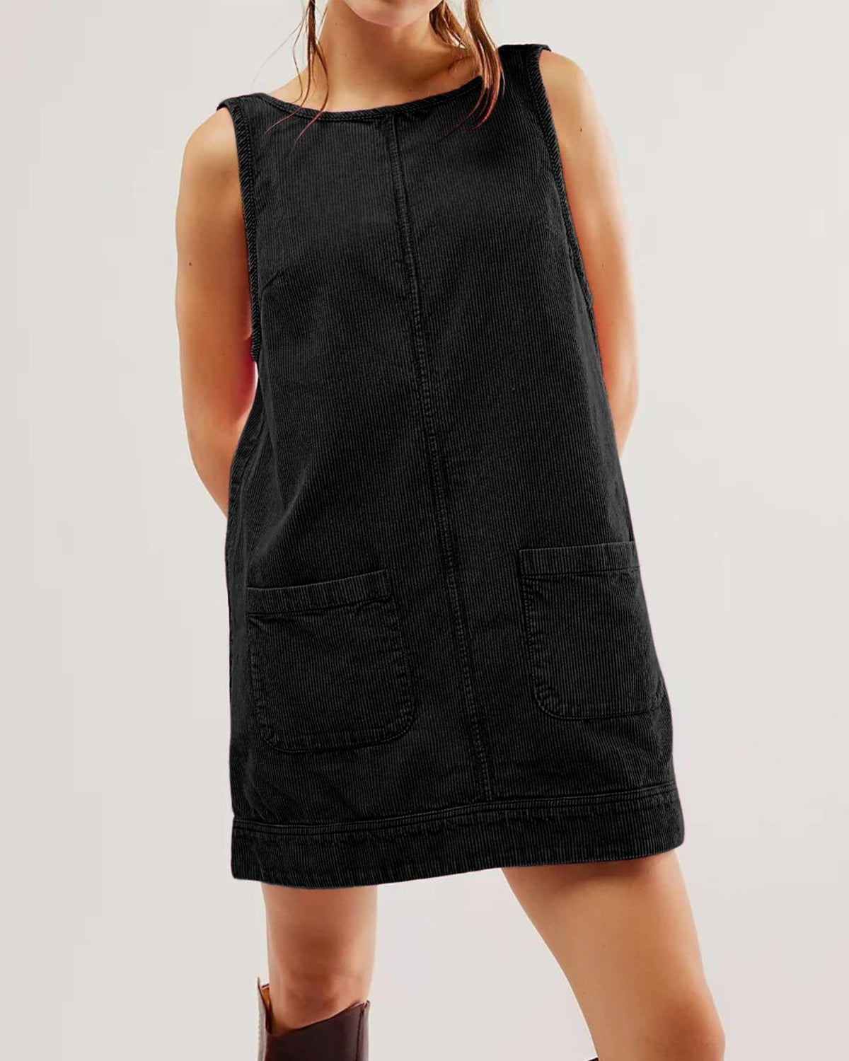 Corduroy Sleeveless Pinafore Mini Dress With Pockets - Black - 1