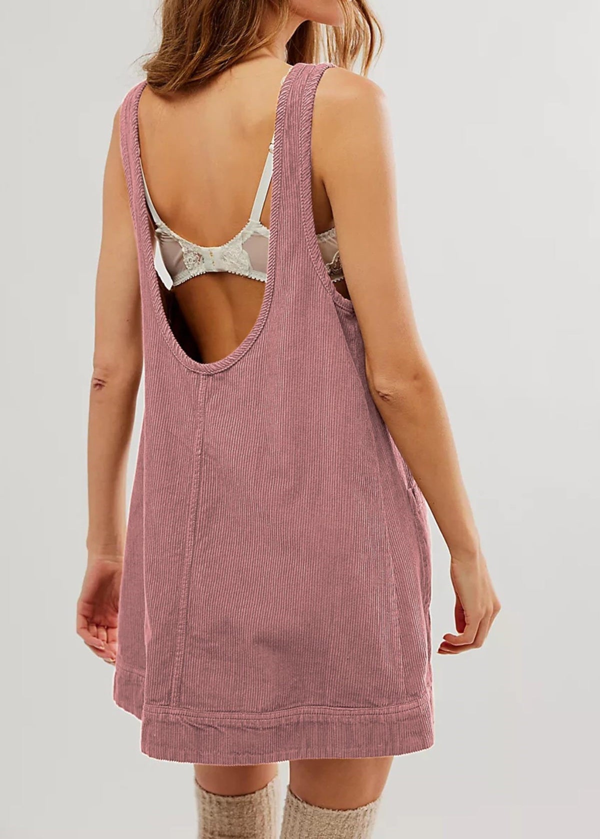 Corduroy Sleeveless Pinafore Mini Dress With Pockets - Pink - 1