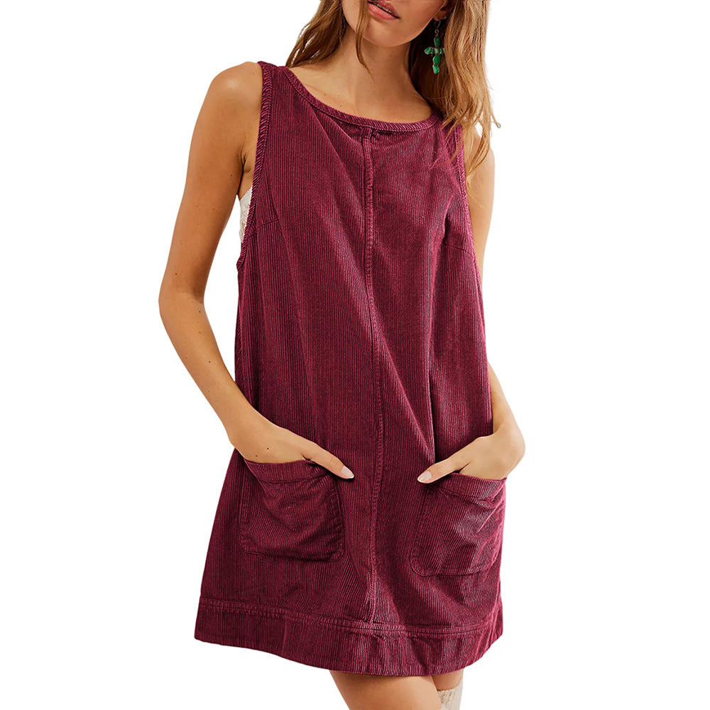 Corduroy Sleeveless Pinafore Mini Dress With Pockets - WineRed