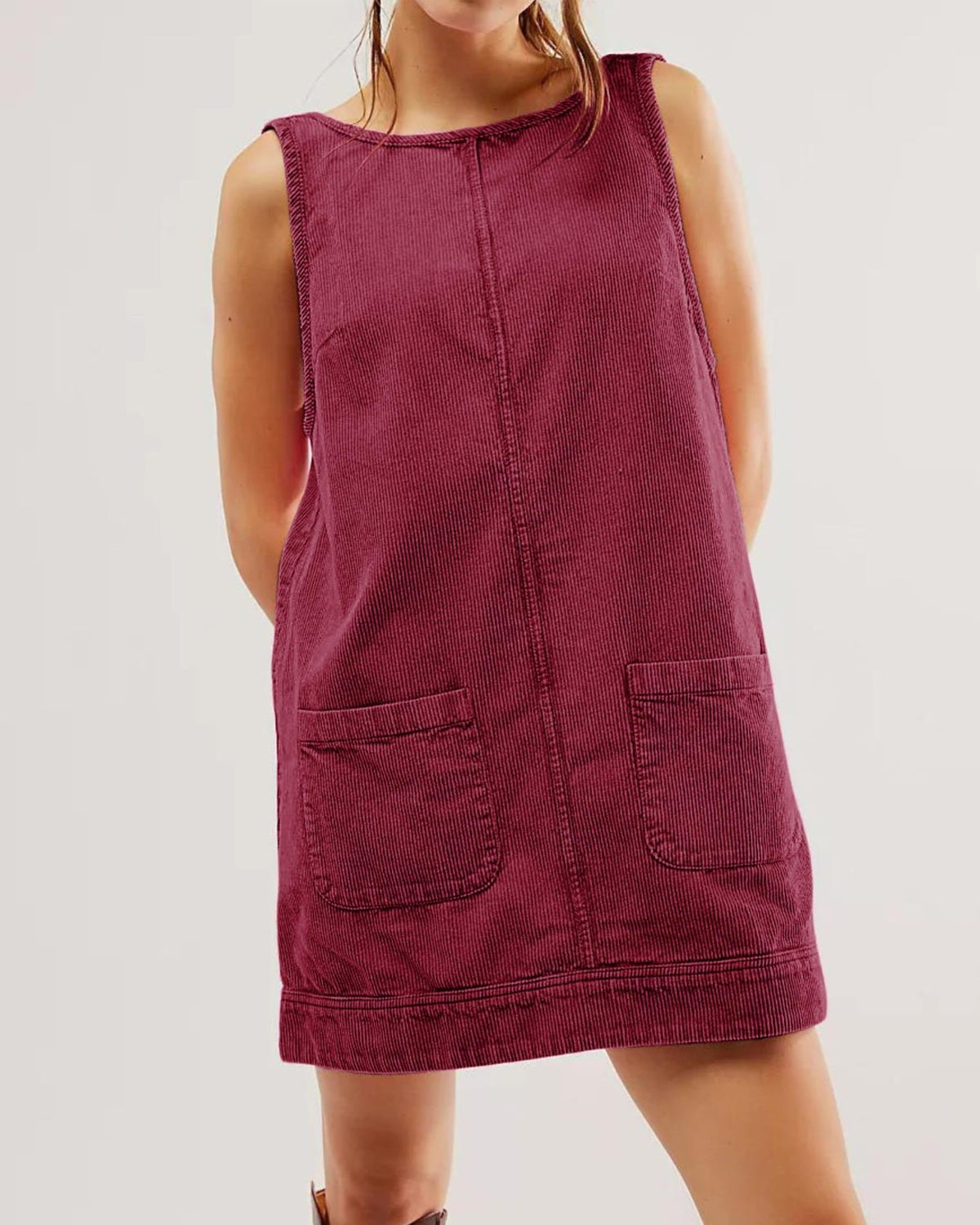 Corduroy Sleeveless Pinafore Mini Dress With Pockets - WineRed - 1