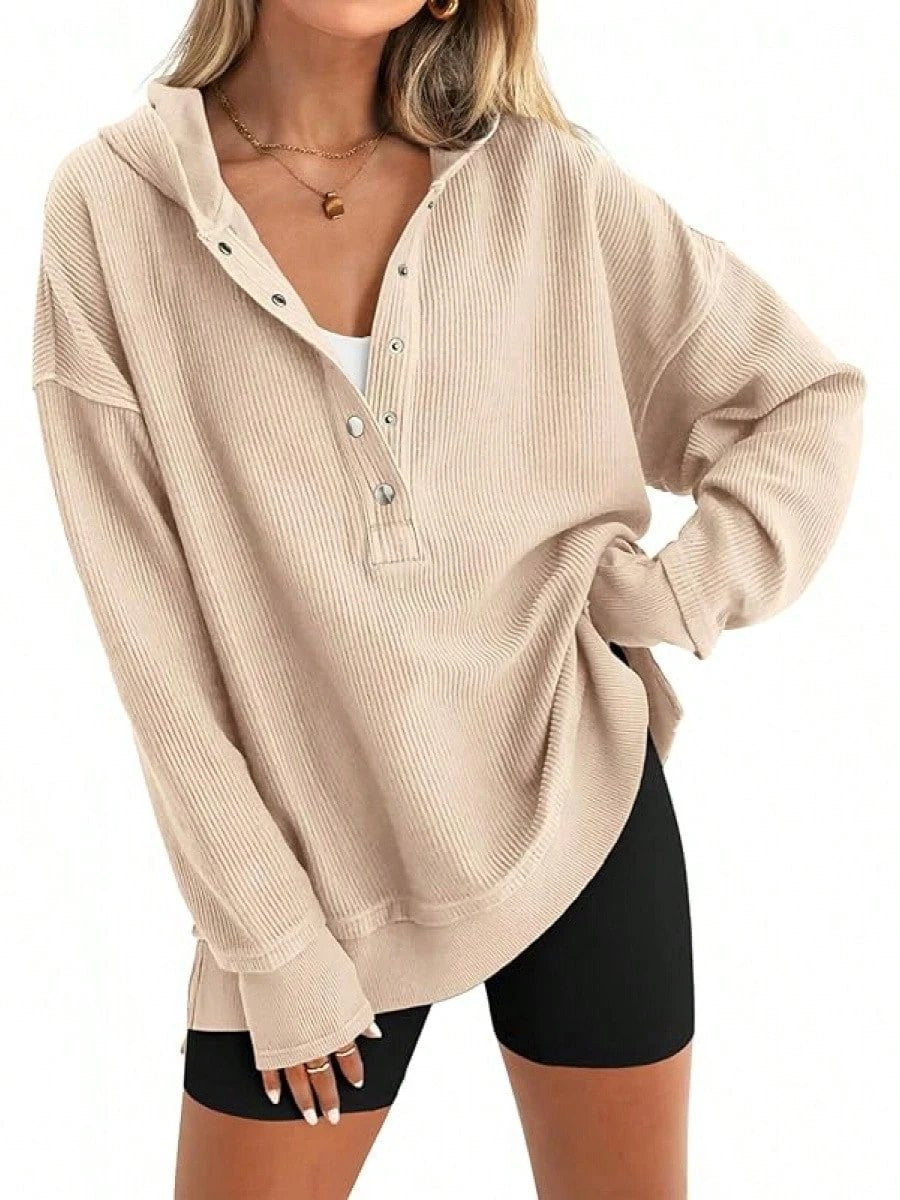 Slouchy Henley Placket Hooded Sweatshirt - Beige
