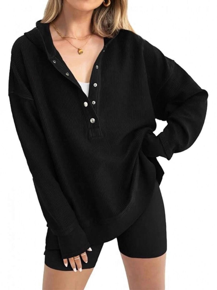 Slouchy Henley Placket Hooded Sweatshirt - Black