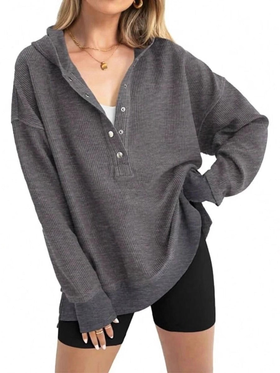 Slouchy Henley Placket Hooded Sweatshirt - Grey
