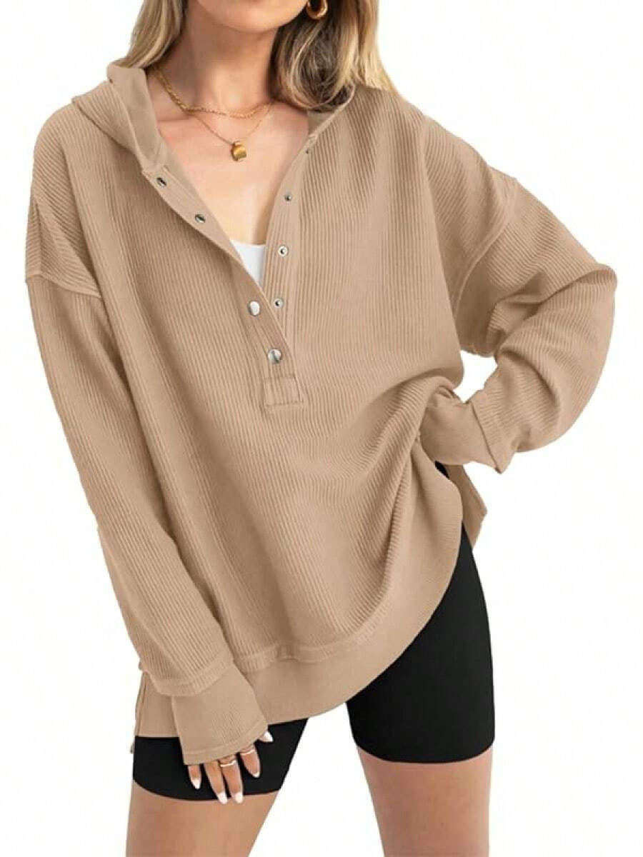 Slouchy Henley Placket Hooded Sweatshirt - Khaki