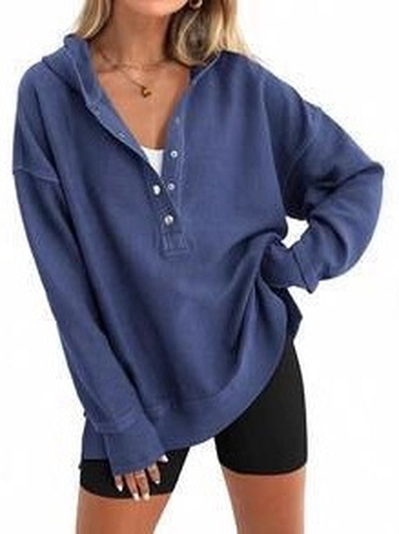 Slouchy Henley Placket Hooded Sweatshirt - Navy