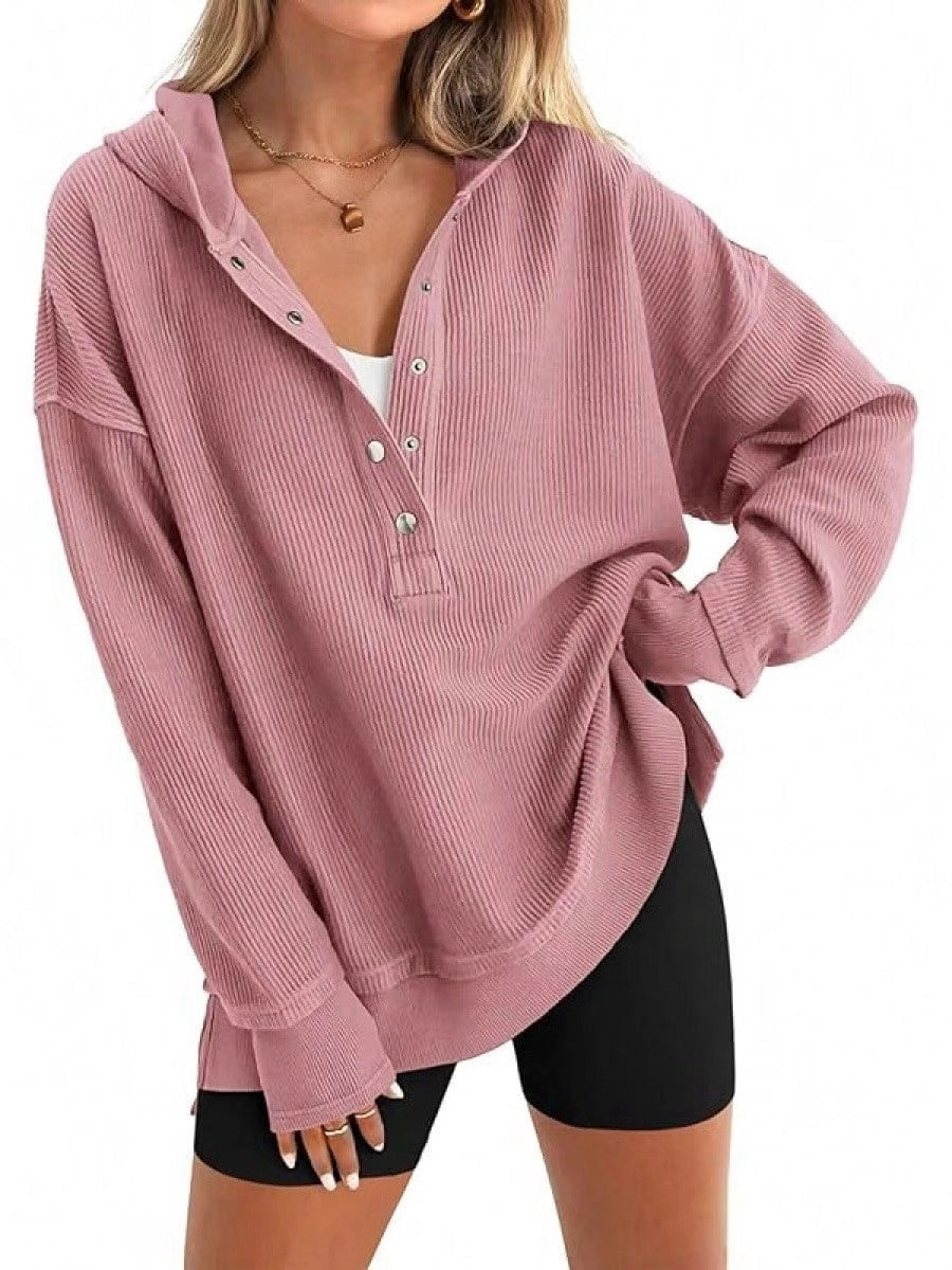 Slouchy Henley Placket Hooded Sweatshirt - Pink