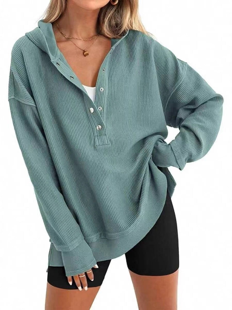 Slouchy Henley Placket Hooded Sweatshirt - sage