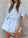 Oversized Striped Tee and Shorts Lounge Set - Blue