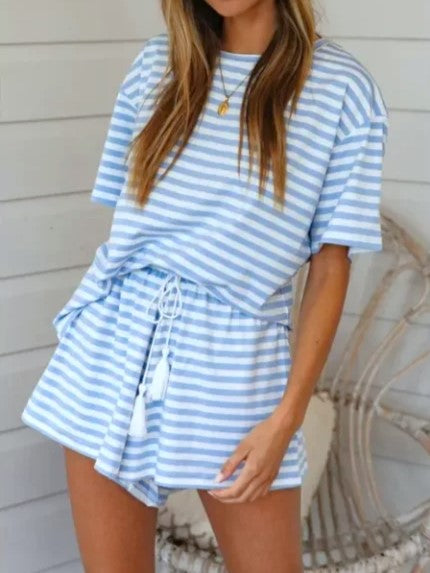 Oversized Striped Tee and Shorts Lounge Set - Blue
