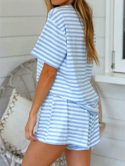 Oversized Striped Tee and Shorts Lounge Set - Blue - 1