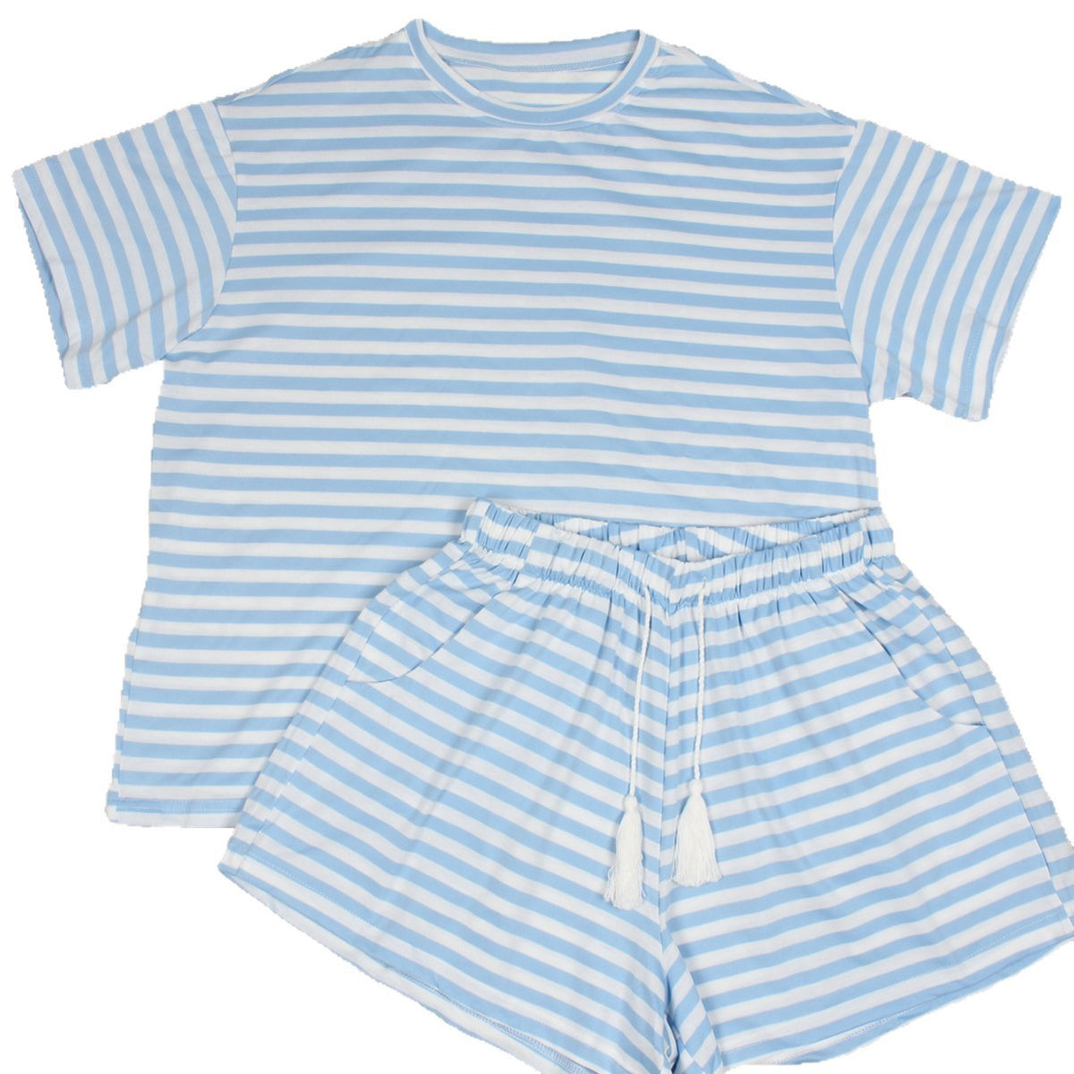 Oversized Striped Tee and Shorts Lounge Set - Blue - 2