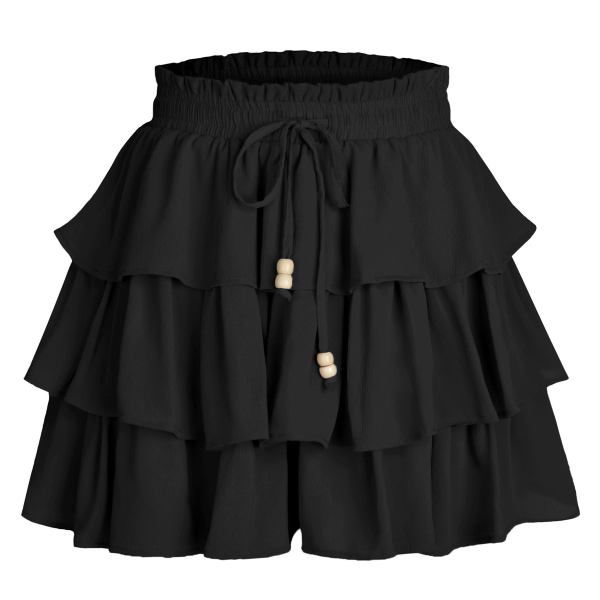 Tiered Ruffle Drawstring Flowy Shorts - Black