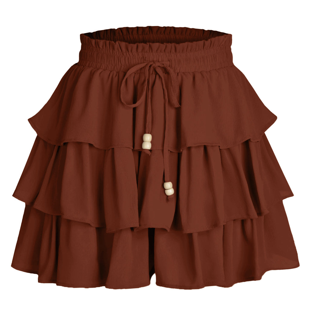 Tiered Ruffle Drawstring Flowy Shorts - Brickred