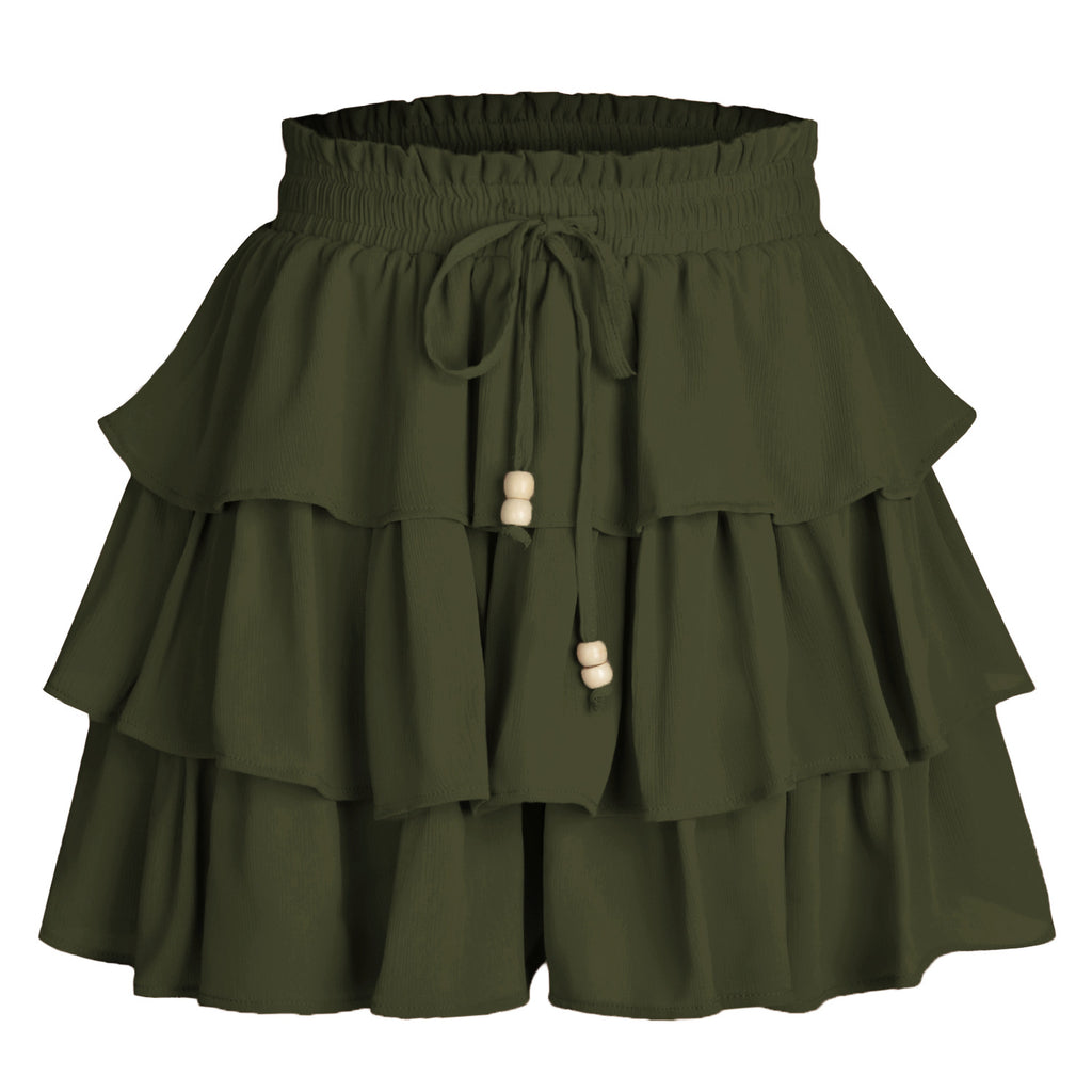 Tiered Ruffle Drawstring Flowy Shorts - Green